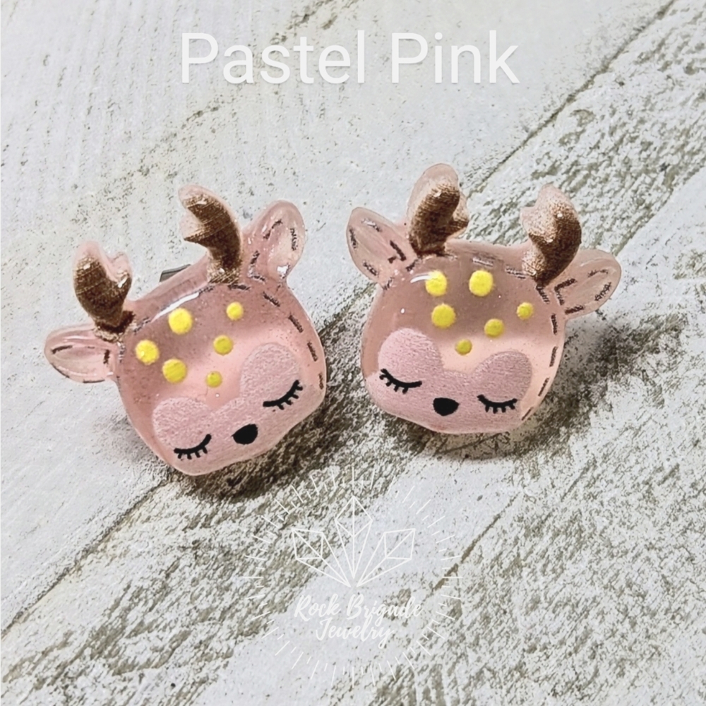Reindeer Studs Christmas Earrings Pastel Pink Nickel Free Hypoallergenic